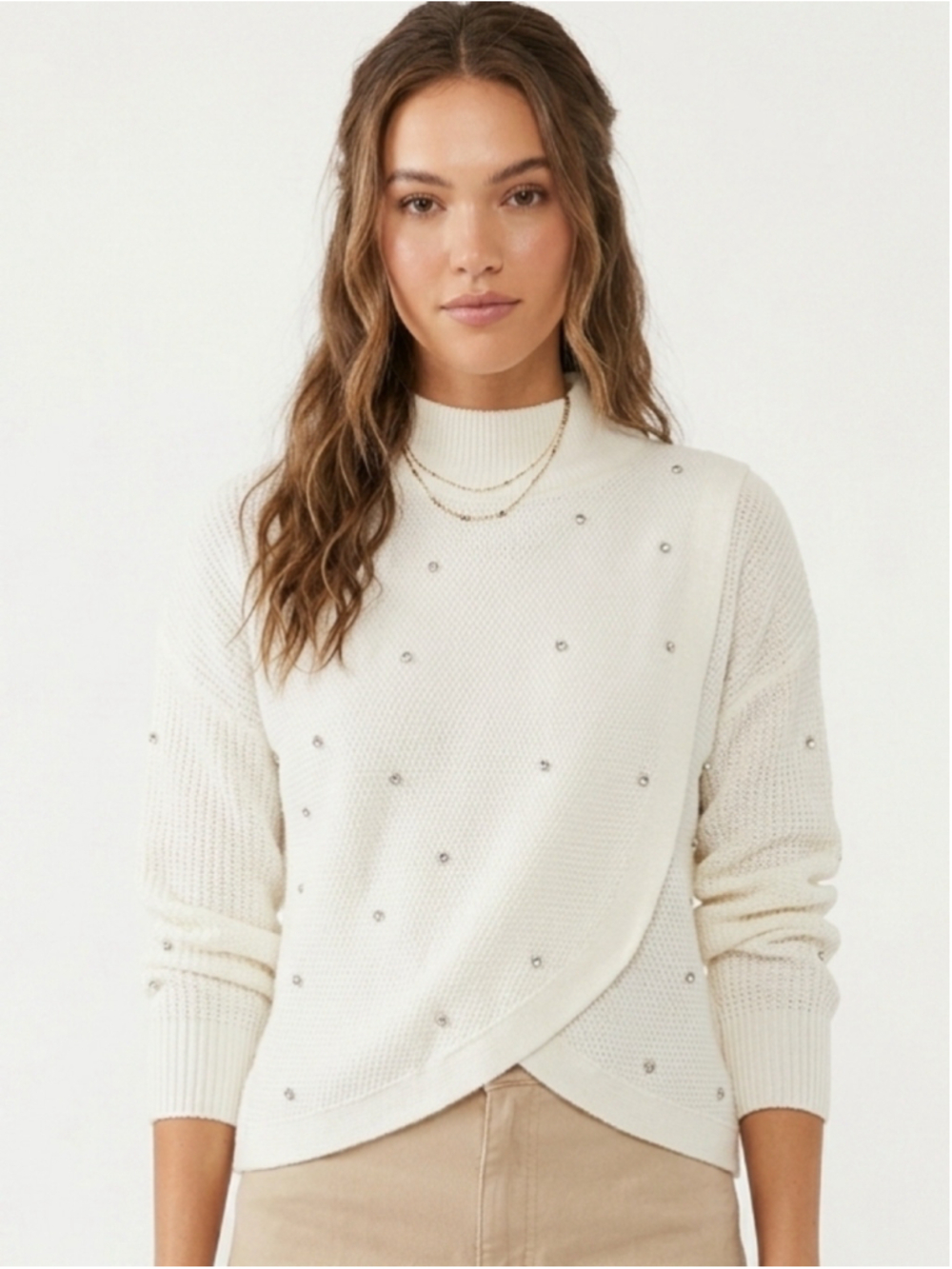 Women's Lily Morgan White Rhinestone Studded Wrap Hem Mock Neck Sweater - XL 790